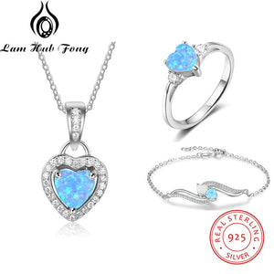 Sterling Silver Blue Heart Opal Necklaces Rings Bracelet Cubic Zircon