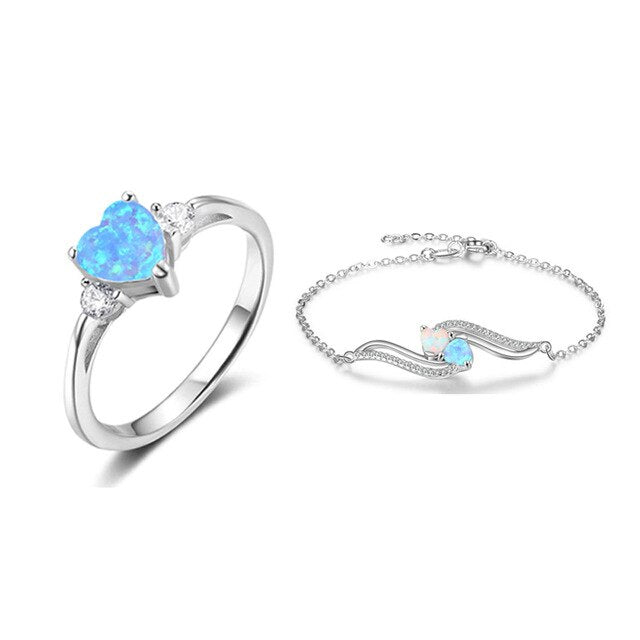 Sterling Silver Blue Heart Opal Necklaces Rings Bracelet Cubic Zircon