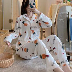 Winter Pajamas Women 2 Piece Fleece Sleepwear Set