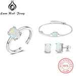 Sterling Silver Jewelry Sets Women White Oval Opal Stone Rings Stud Earrings Bracelets