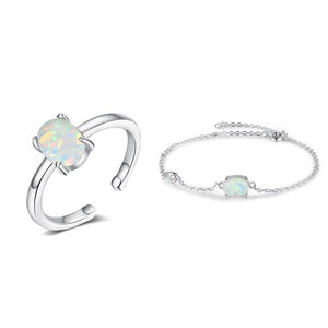 Sterling Silver Jewelry Sets Women White Oval Opal Stone Rings Stud Earrings Bracelets